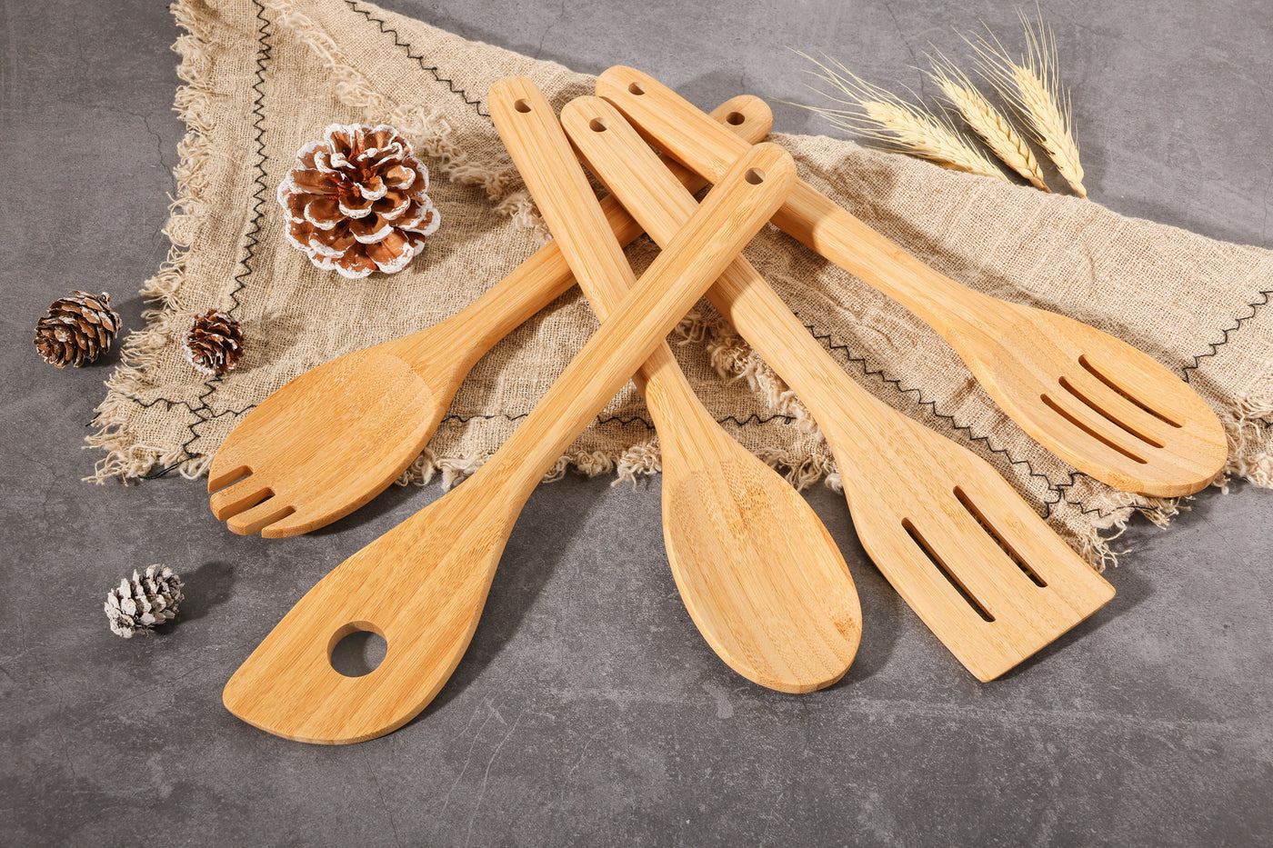 5pk Bamboo Spoons for Cooking, Kitchen Essential Tools Set, for Cooking, Mixing, Serving and Nonstick Cookware