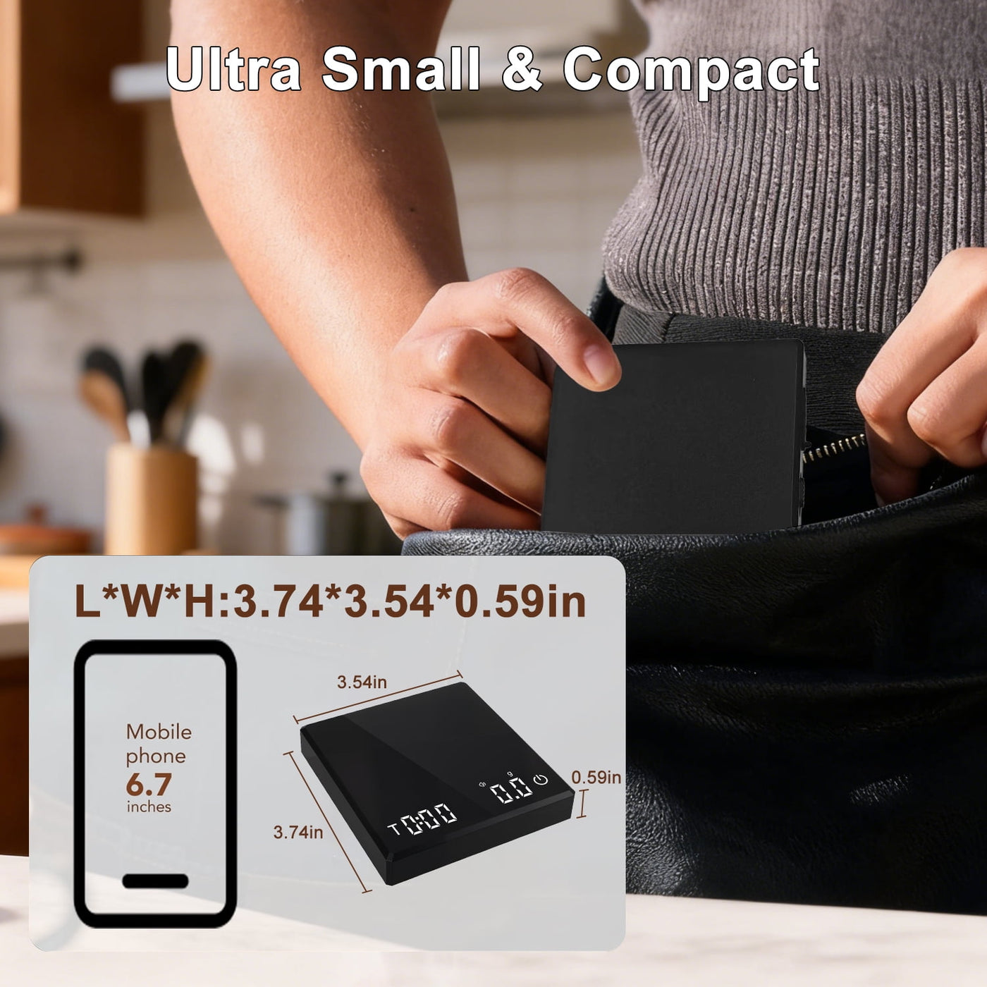Coffee Scale with Timer, 2kg/0.1g Precision Digital Coffee Scale, USB Rechargeable, for Accurate Kitchen, Food and Portion Weighing