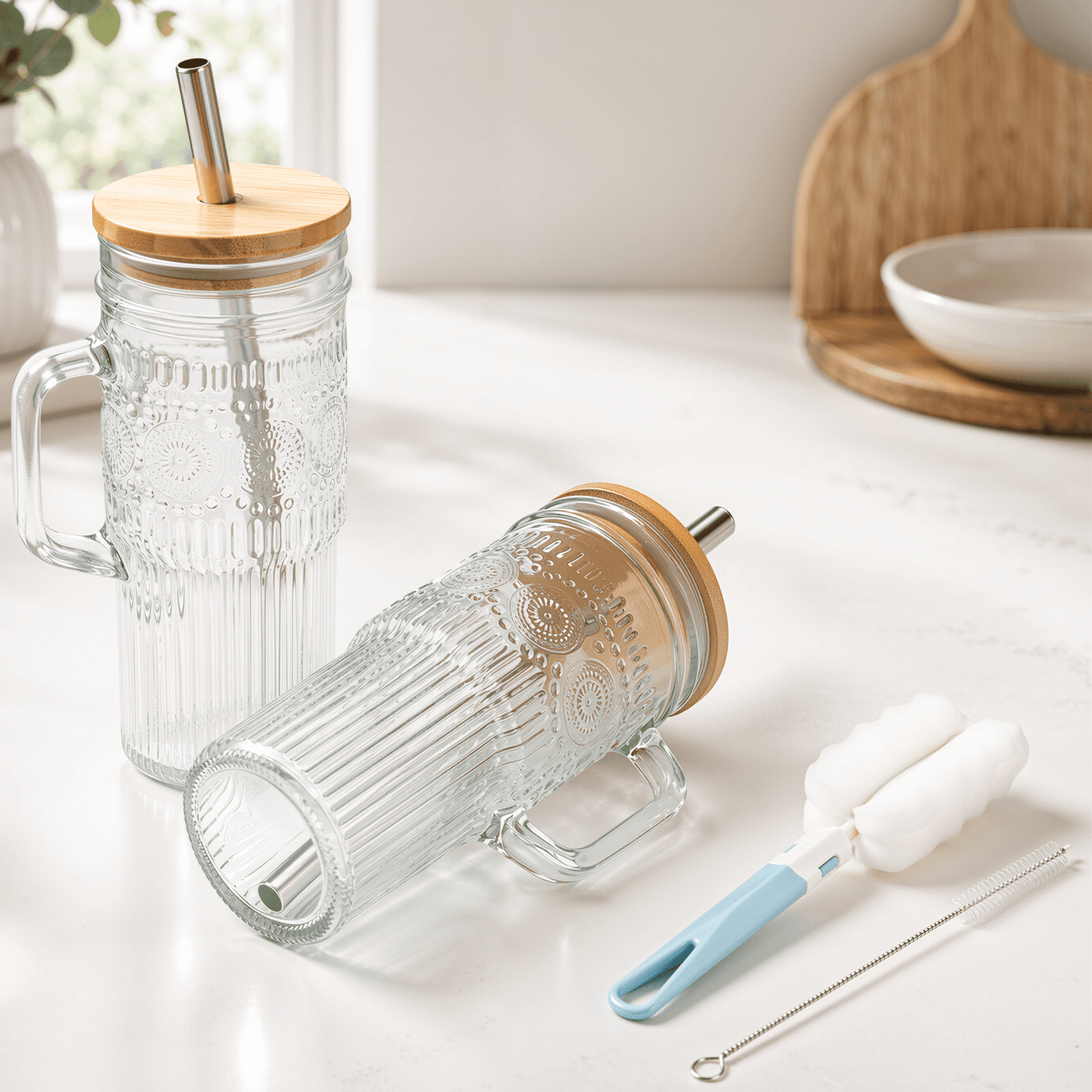 Va1kene 22oz 2-Piece Glass Tumbler with Lids and Straws Bohemian Glass Drinking Cups with Handle for Juice Tea Smoothies