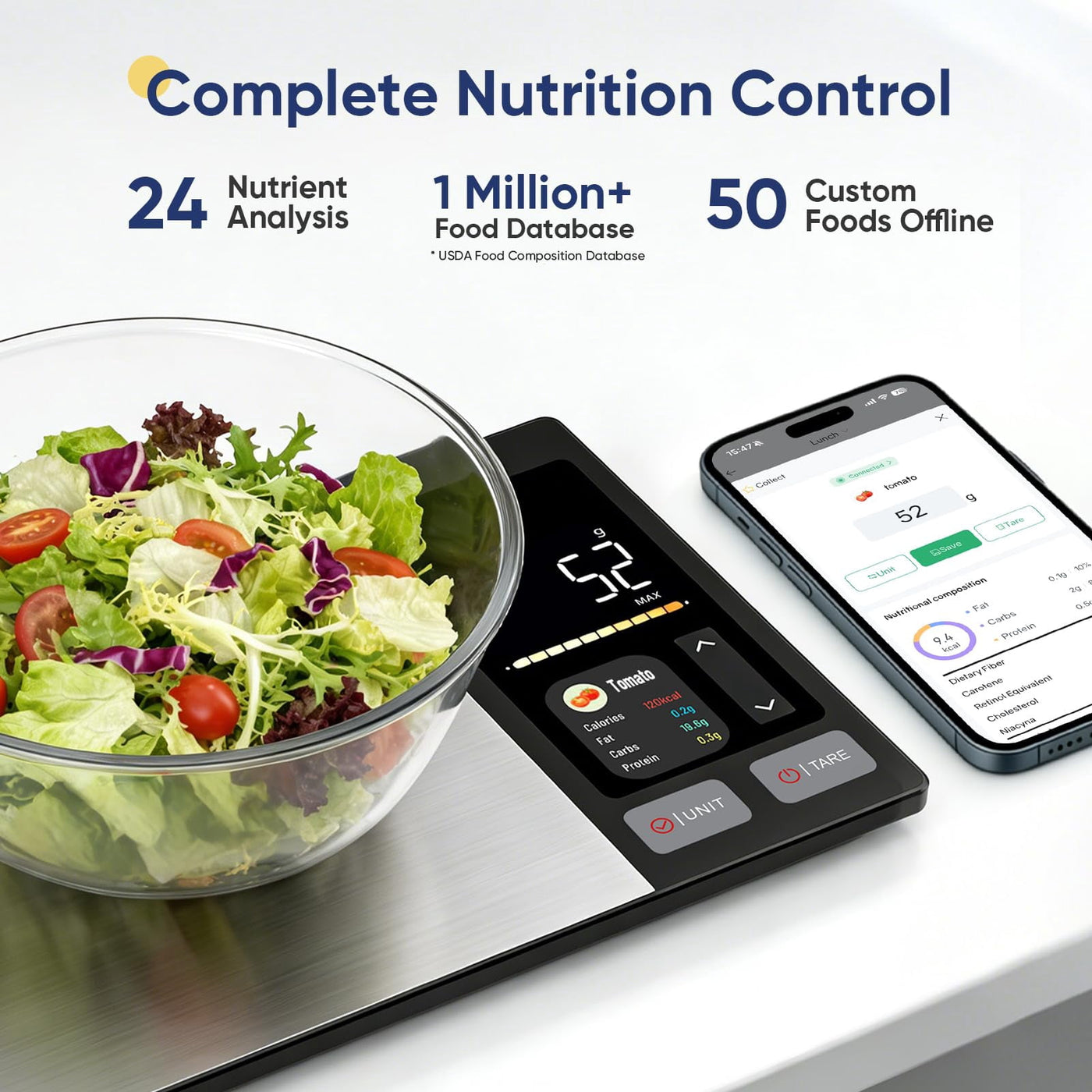 Smart Food Scale with Nutritional Calculator, Free App with 24 Nutrients Tracking, Calorie, Macro, Premium Stainless Steel Digital Food Scale for Meal