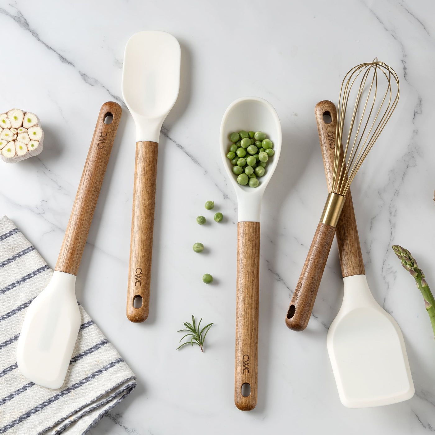 Cook with Color 5-Piece Wooden Cooking Utensils Set with Silicone Heads, Stylish and Durable Kitchen Tools