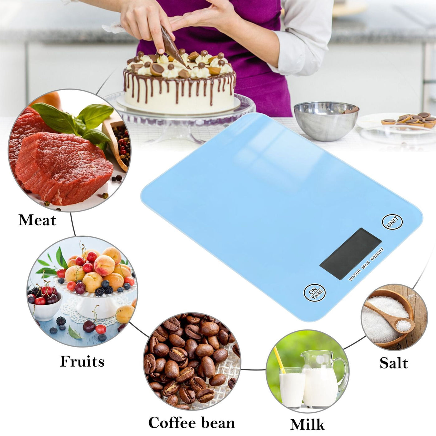 Digital Kitchen Food Scale Weight Grams Oz for Baking Cooking Coffee 11lb 0.05oz/1g Glass Light Sky Blue