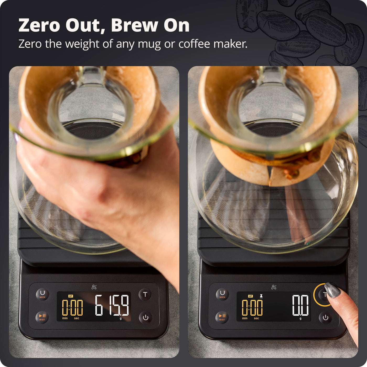 Greater Goods Coffee Scale with Timer, 0.1g Precision, 3kg Capacity, 6-Unit Digital Espresso and Pour-over Scale, Silicone Waterproof Cover