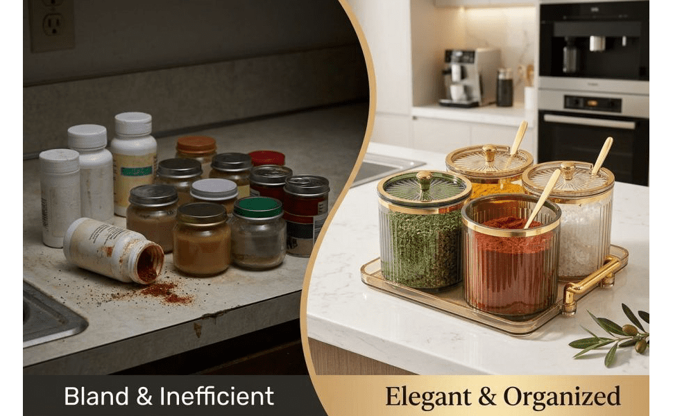 Acrylic Condiment Spice Jars Set, Clear Plastic Condiment Canisters, Seasoning Box with Lids and Spoons, Seasoning Box Set for Kitchen Counter
