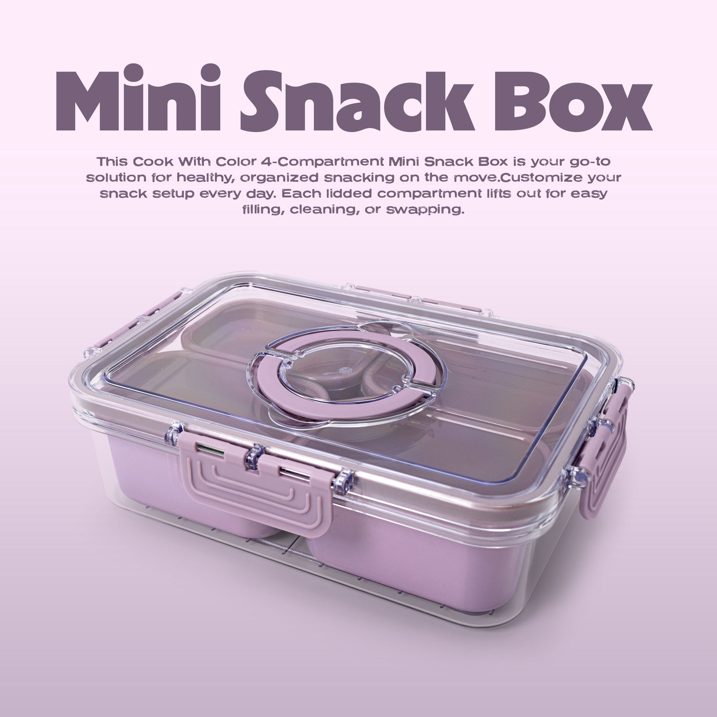 (2-pack) Cook with Color Purple Portable 4-Compartment Snack Food Storage Container, Portable and Dishwasher Safe with Ice Packs