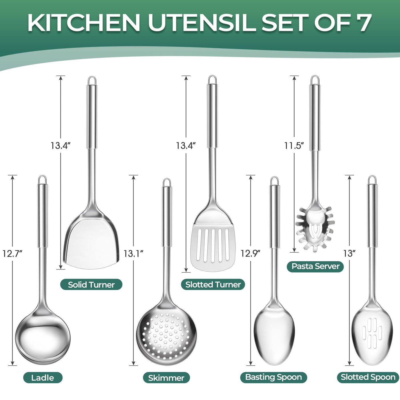 Kitchen Utensils Set, 7-Piece Stainless Steel Cooking Tools, Metal Kitchen Tools Set, Heat Resistant and Dishwasher Safe
