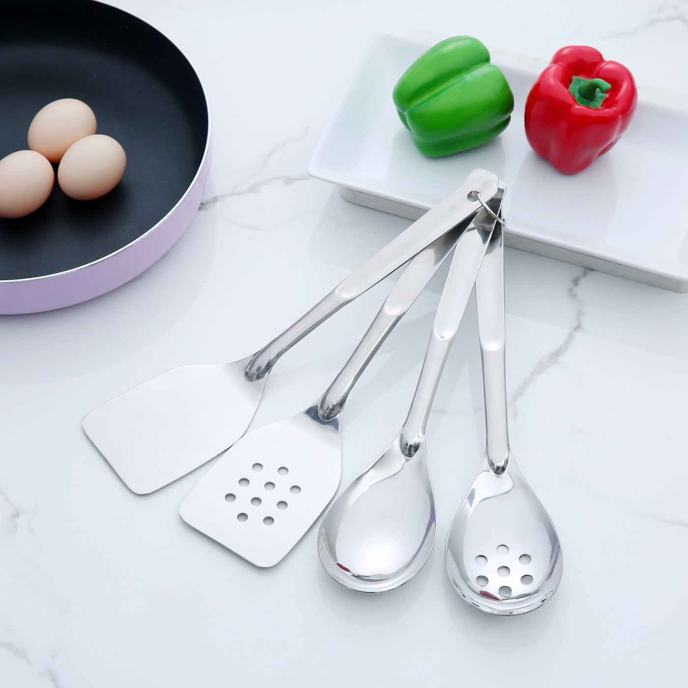 Stainless Steel 4-Piece Utensil Set: Includes Slotted Turner, Solid Turner, Spoon, and Slotted Spoon