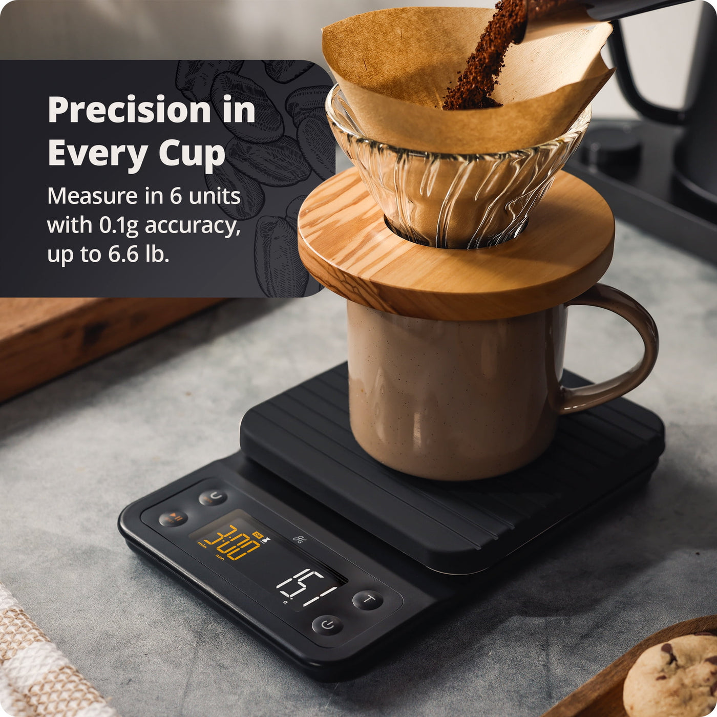 Greater Goods Coffee Scale with Timer, 0.1g Precision, 3kg Capacity, 6-Unit Digital Espresso and Pour-over Scale, Silicone Waterproof Cover