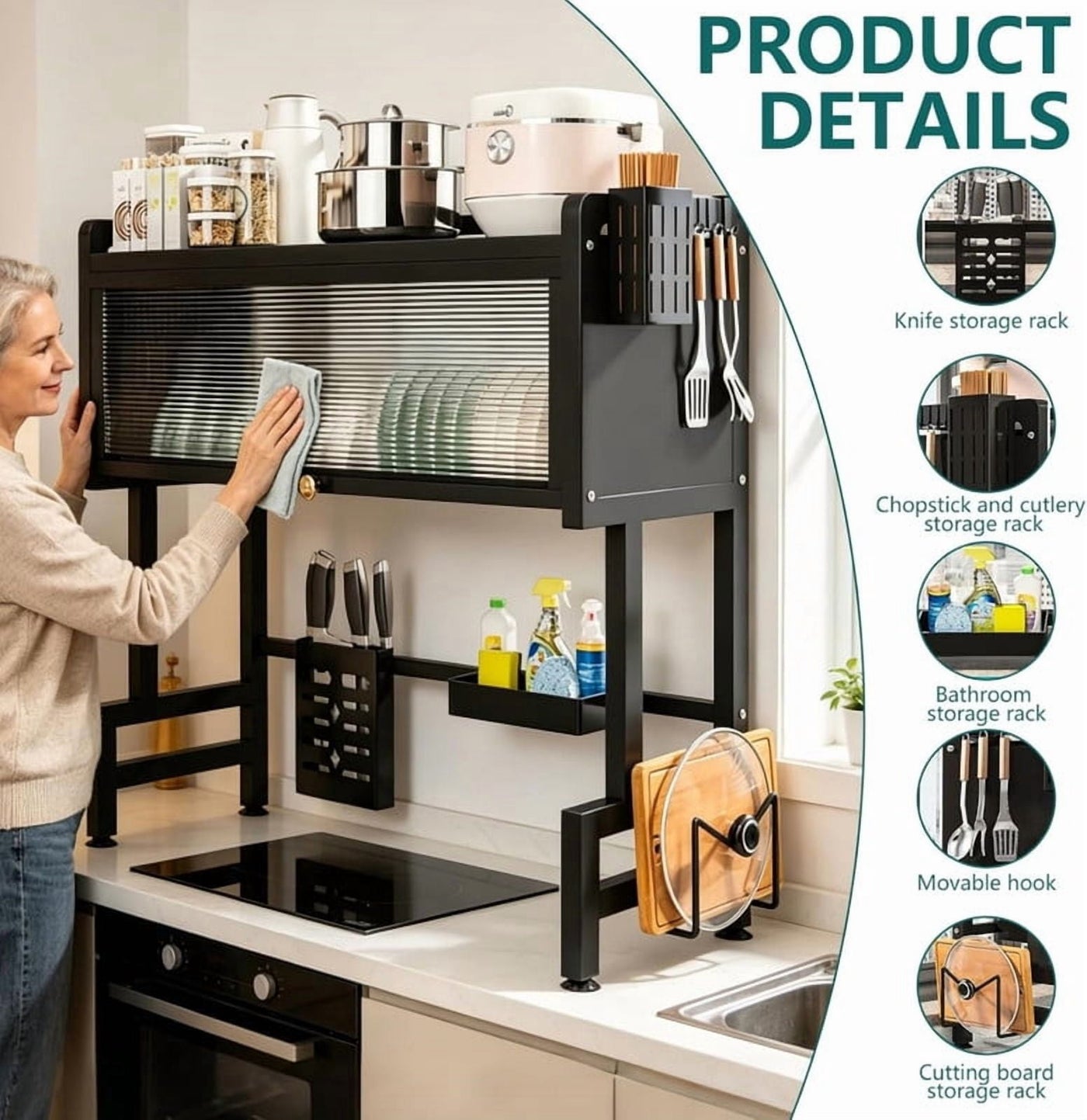 Over The Sink Dish Drying Rack, 3-Tier Carbon Steel Kitchen Storage Cabinet with Cover, Heavy-duty Large Capacity Dish Drain Shelf for Kitchen Sink