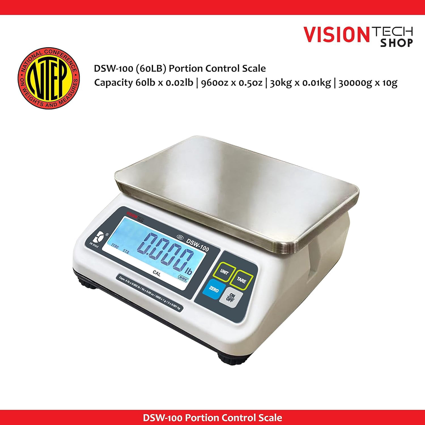 Dsw-100 Portion Food Scale with Single LCD Display, Stainless Steel Platter, 60lb Capacity, 0.02lb Readability, Lb/Oz/Kg/g Switchable