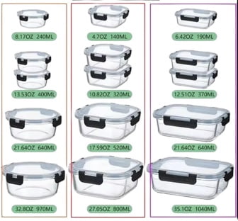 30-Piece Glass Food Storage Containers with Lids, Easy Lock Airtight Lid, for Meal Prep, Leftovers, Fruit, Fridge, Freezer, and Oven Safe