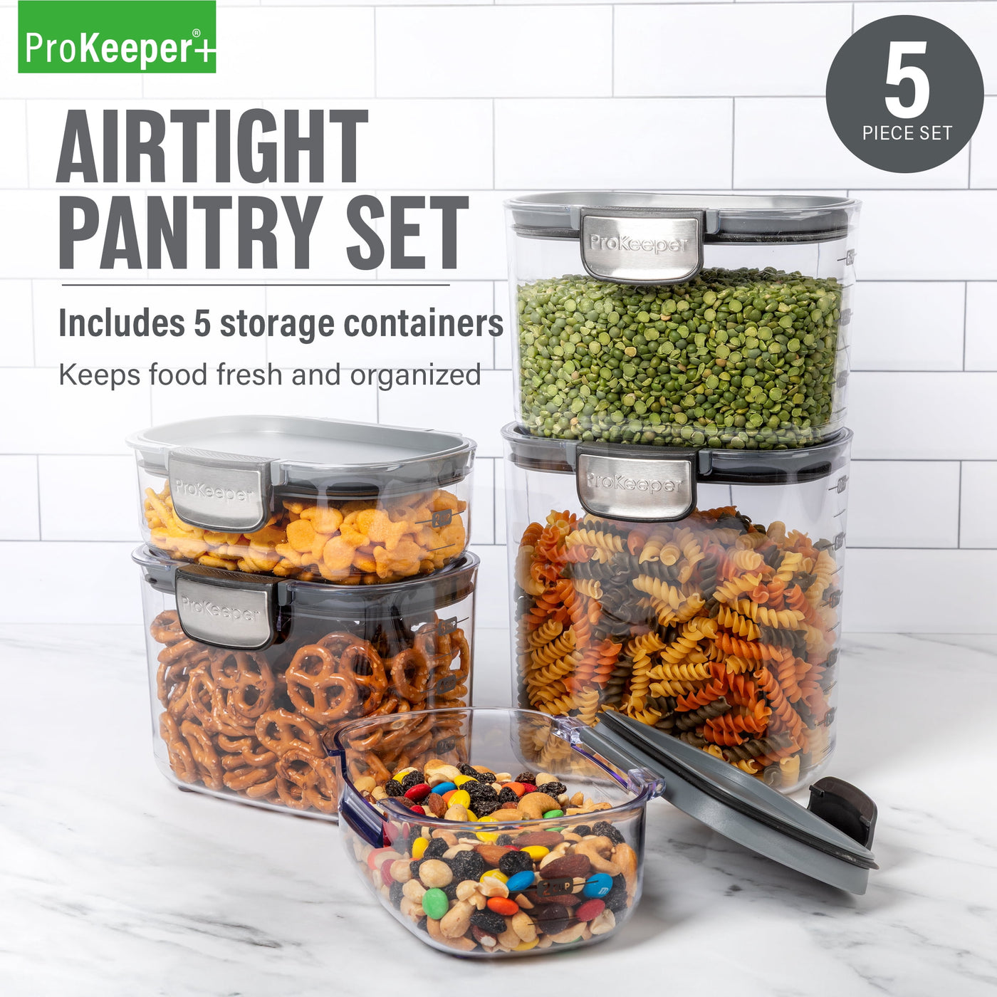 + Airtight 5-Piece BPA-FREE Pantry Storage Container Set, for Pantry Organization, Meal Prep and Dry Food Storage