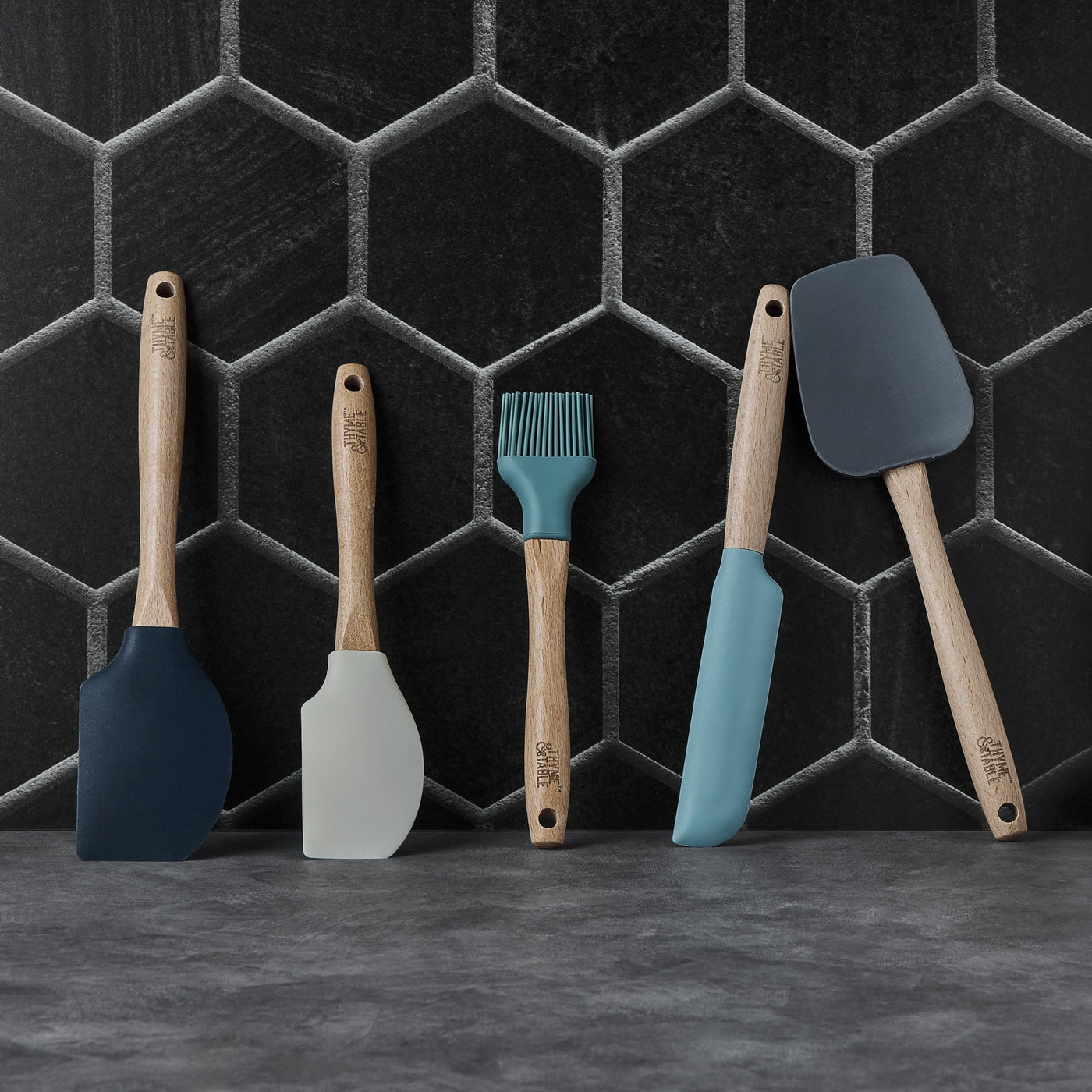 5-Piece Silicone Kitchen Utensil Set with Beechwood Handles, for Cooking, Mixing, Serving and Nonstick Cookware