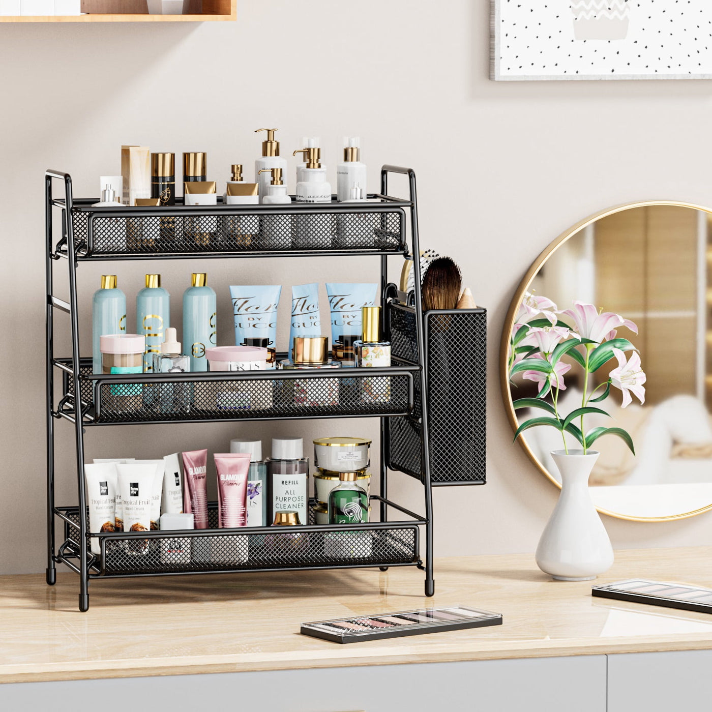 Spice Rack 3-Tier Countertop Organizer with Removable Side Basket, Sturdy Carbon Steel Mesh Storage Shelf for Bathroom and Kitchen, No-tool Assembly