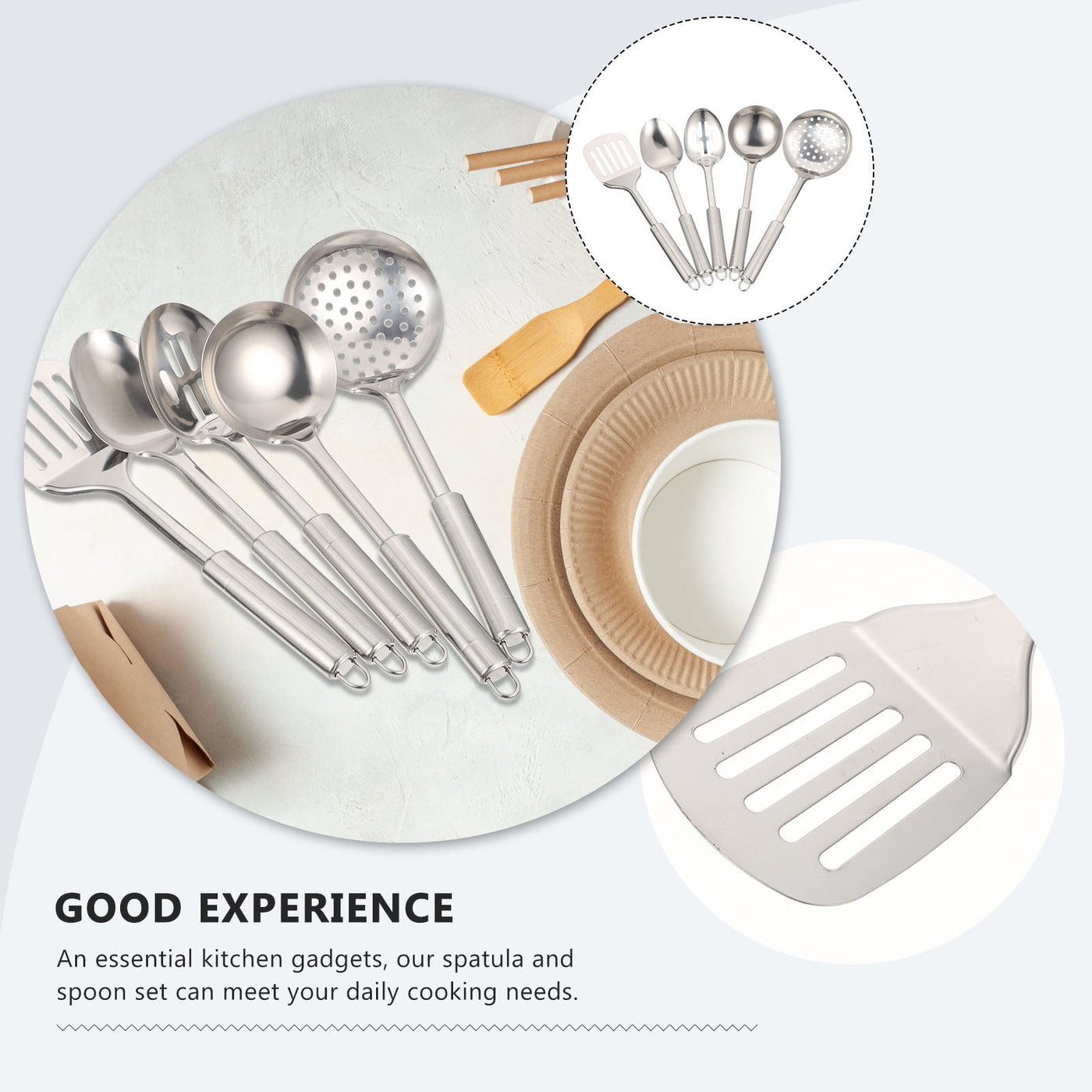 304 Stainless Steel Kitchen Utensil Set, 5-Piece, Ergonomic Stay-cool Hollow Handles, Dishwasher Safe, Silver