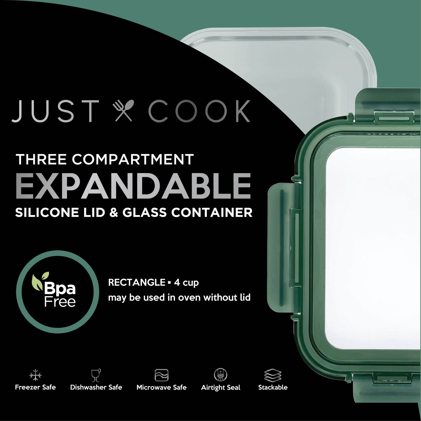 Just Cook Glass 4.1-Cup Rectangular Food Storage Container with Expandable Silicone Lid, for Pantry Organization, Meal Prep and Dry Food Storage