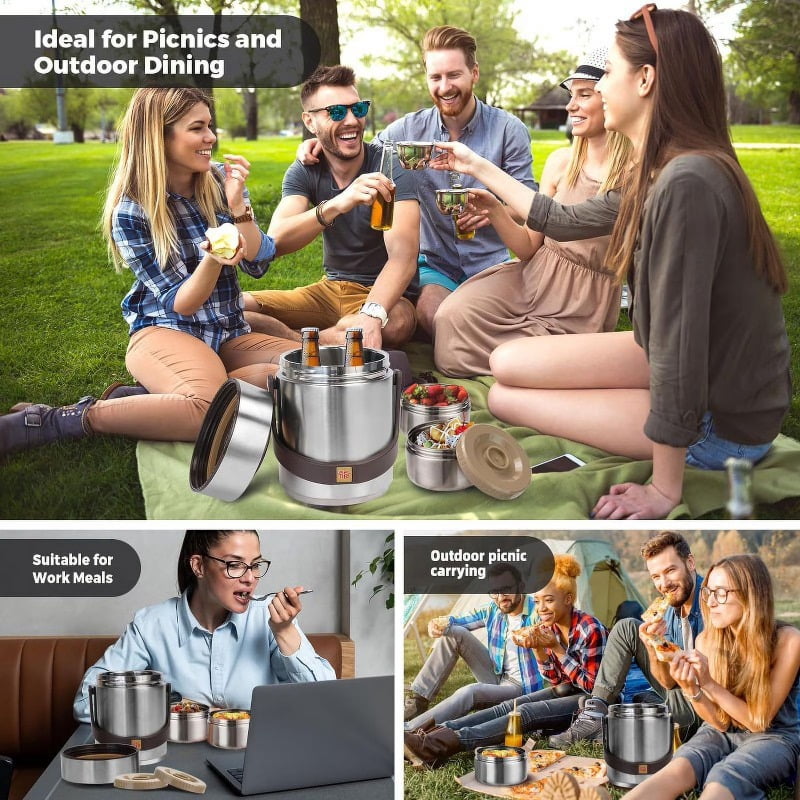 51 Oz Adults Stainless Steel Vacuum Insulated Wide Mouth Soup Food Thermos Hot Food Jar with Keep Thermal Portable 2 Tier Stackable Bento Hot Food