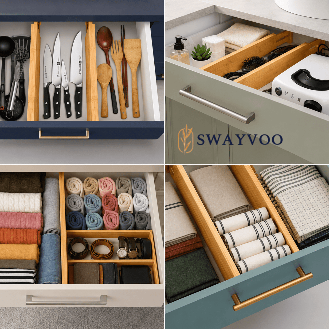 Bamboo Drawer Dividers, 4-Pack Adjustable Drawer Organizer Separators for Kitchen, Bedroom, Bathroom, Cabinet, Office and Dresser Storage (17–22"