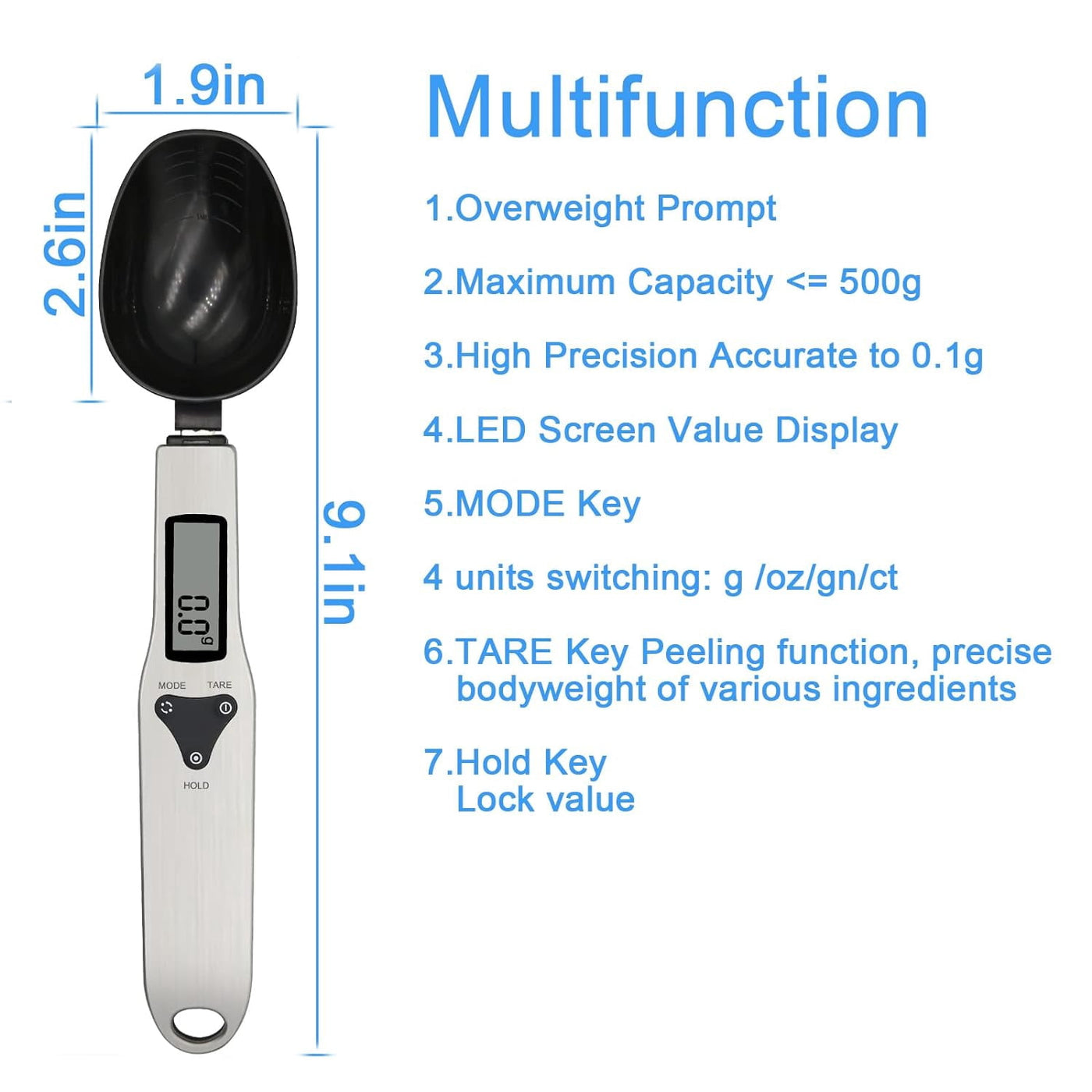 Digital Measuring Spoon Scale, 0.1g-500g Food Scale with LCD Display, 4 Units g/oz/gn/ct, Kitchen Baking Tool with 2 Aaa Batteries