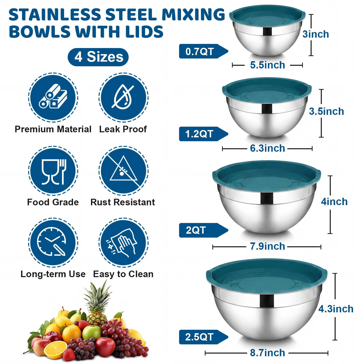 Mixing Bowls with Lid Set of 4, Stainless Steel Nesting Metal Bowls for Kitchen Storage, Ideal for Preparing Cooking Serving Freezing