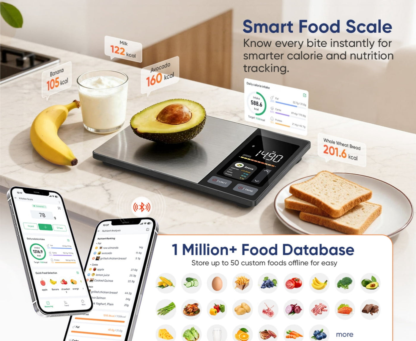 Smart Food Scale with Nutritional Calculator, Free App with 24 Nutrients Tracking, Calorie, Macro, Premium Stainless Steel Digital Food Scale for Meal