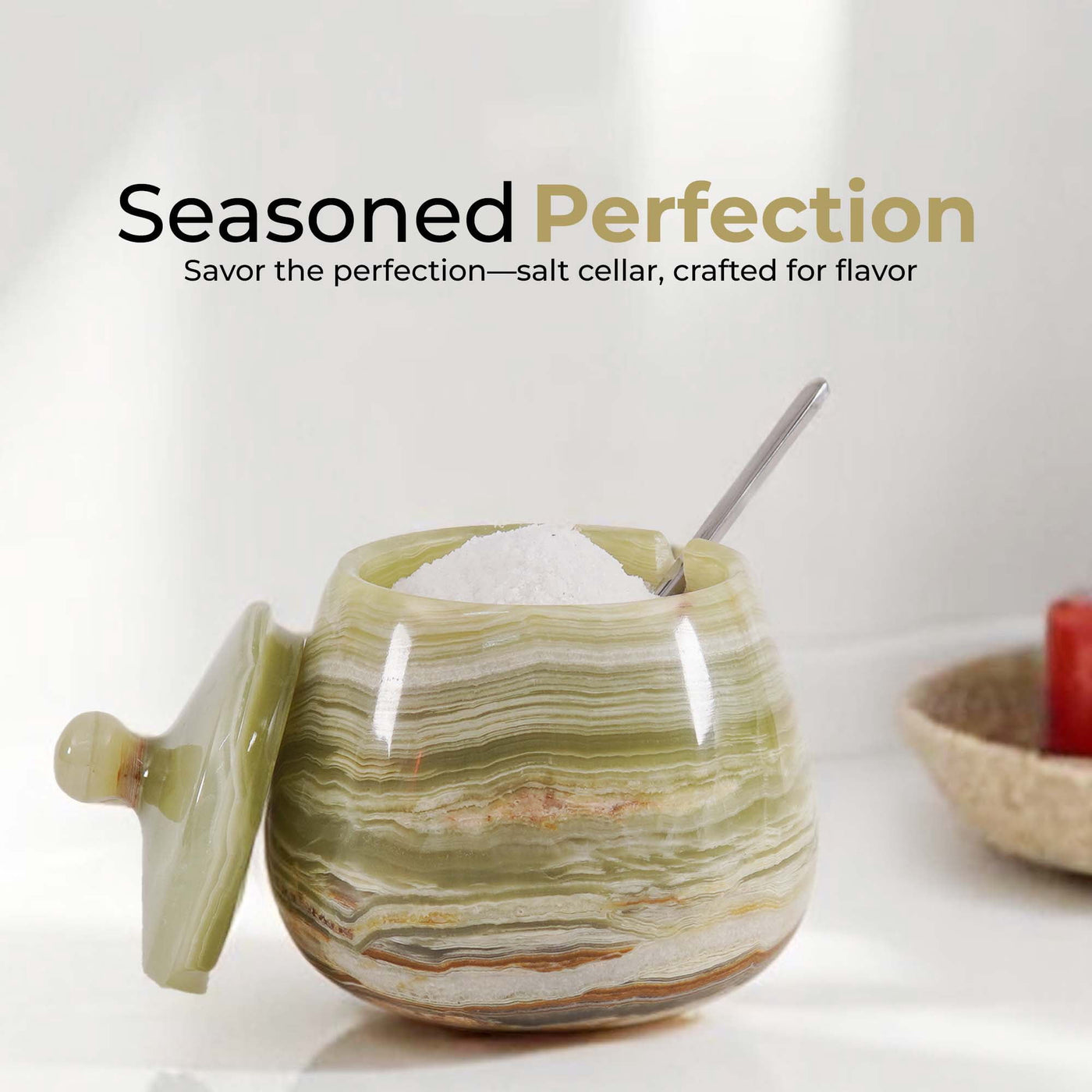 Marble Salt Cellar with Lid 4.5 Inch Green Onyx Salt Jar and Table Salt Storage for Kitchen Countertop, Ideal Salt Container