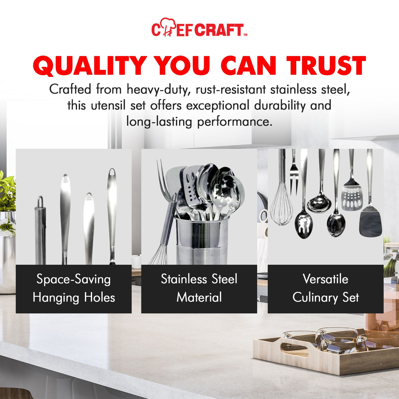 Kitchen Tool and Utensil Set, 8-Piece Set, Stainless Steel, for Cooking, Mixing, Serving and Nonstick Cookware