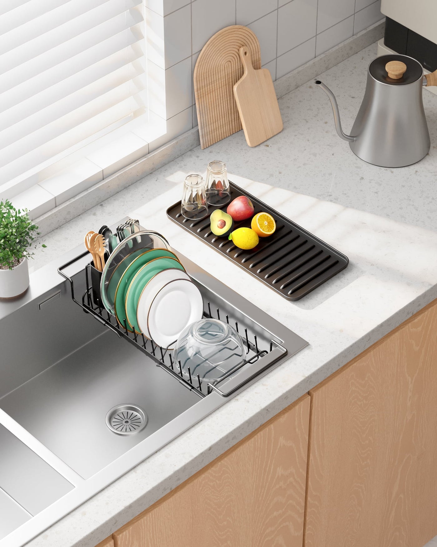 Dish Drying Rack with Drying Tray, Over Sink Dish Rack for Kitchen Counter, Removable Utensils Holder, Fits 14"-20.9" Sink, Black