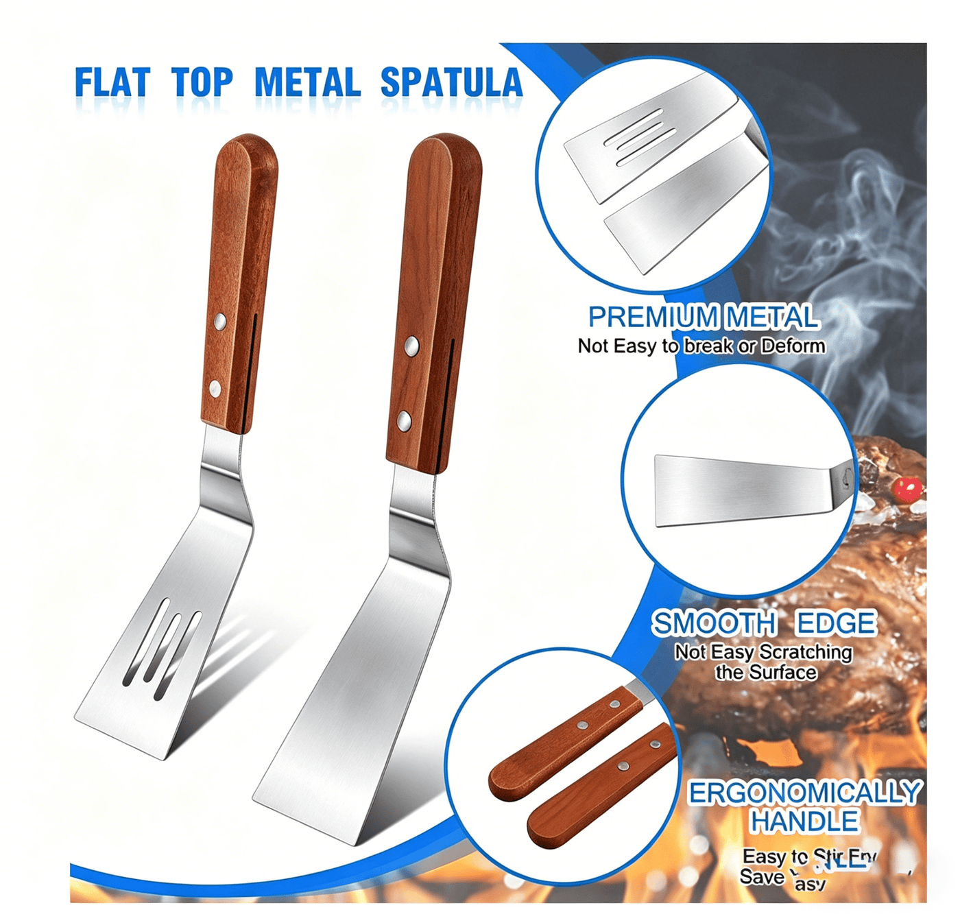 Metal Spatula Set, Stainless Steel Griddle Spatulas with Wooden Handle, Slotted and Solid Turner for Cooking, Baking, Bbq, Grilling