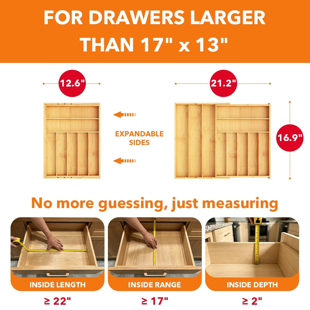 Bamboo Silverware Drawer Organizer with Labels, Expandable Kitchen Utensil Tray for Cutlery, Spoons and Knives, 10 Slot Drawer Organizer (natural)