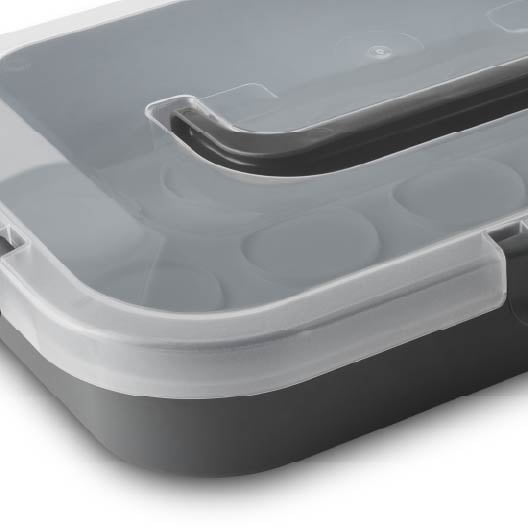 Rectangular Cupcake and Cake Carrier with Lid, Handle, Clasps and Removeable Flippible Cupcake Tray, Grey Plastic