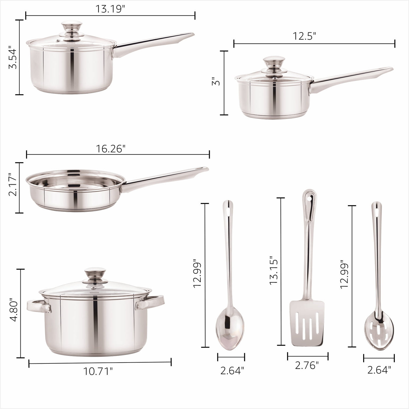 Stainless Steel 10-Piece Cookware Set with Lids and Kitchen Utensils, for Cooking, Mixing, Serving and Nonstick Cookware