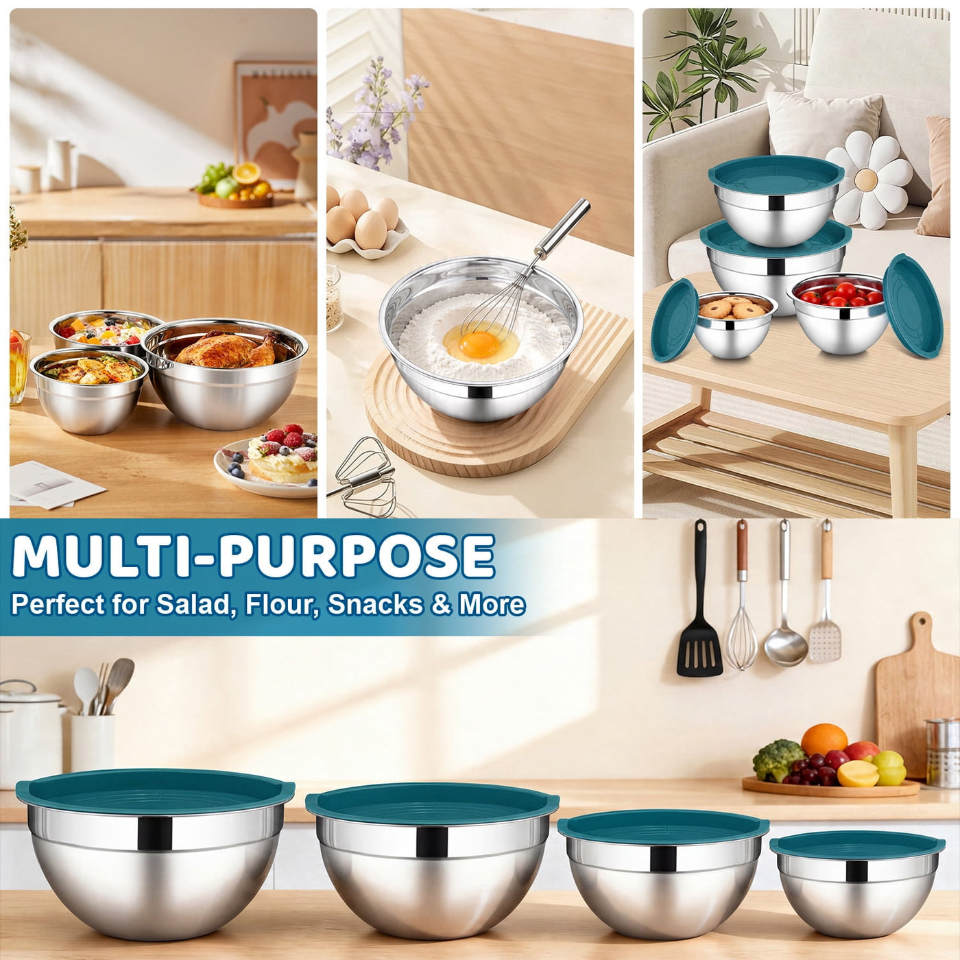Mixing Bowls with Lid Set of 4, Stainless Steel Nesting Metal Bowls for Kitchen Storage, Ideal for Preparing Cooking Serving Freezing