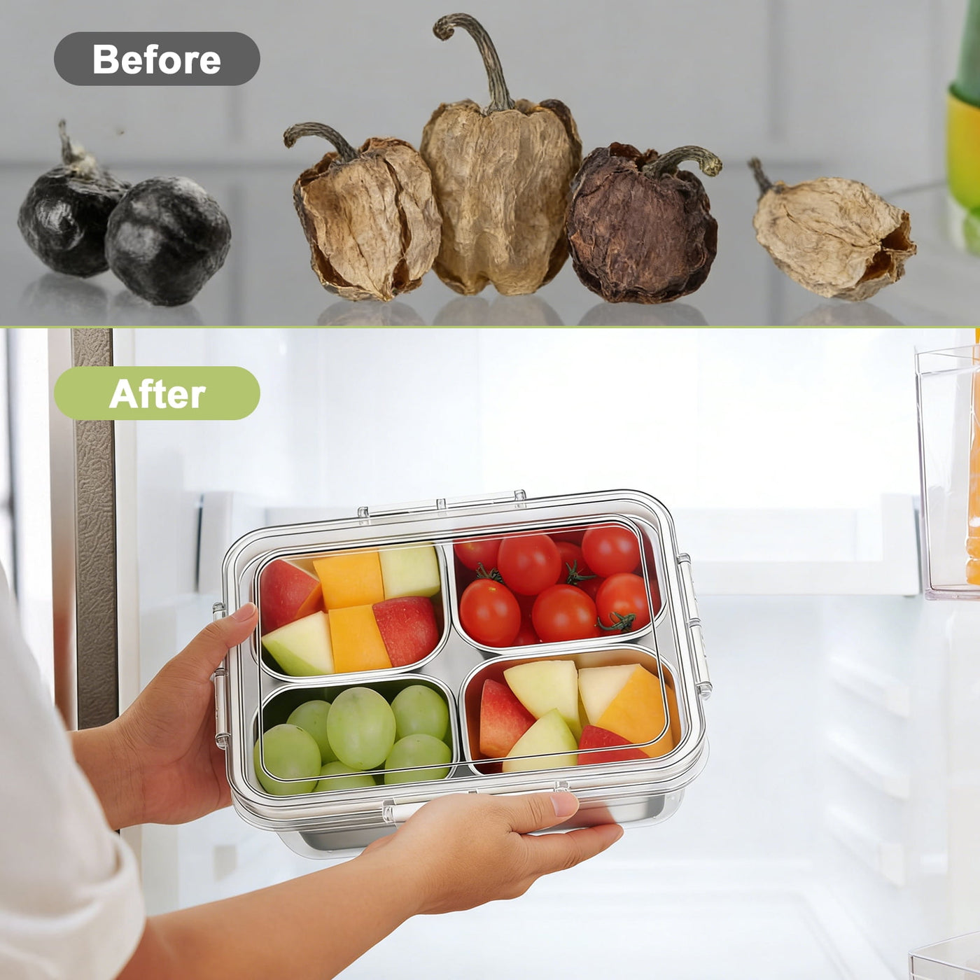 4‑Compartment Stainless Steel Snack Box with Lid, Food‑grade Divided Storage Container for Fruits, Nuts, Spices, and Meal Prep