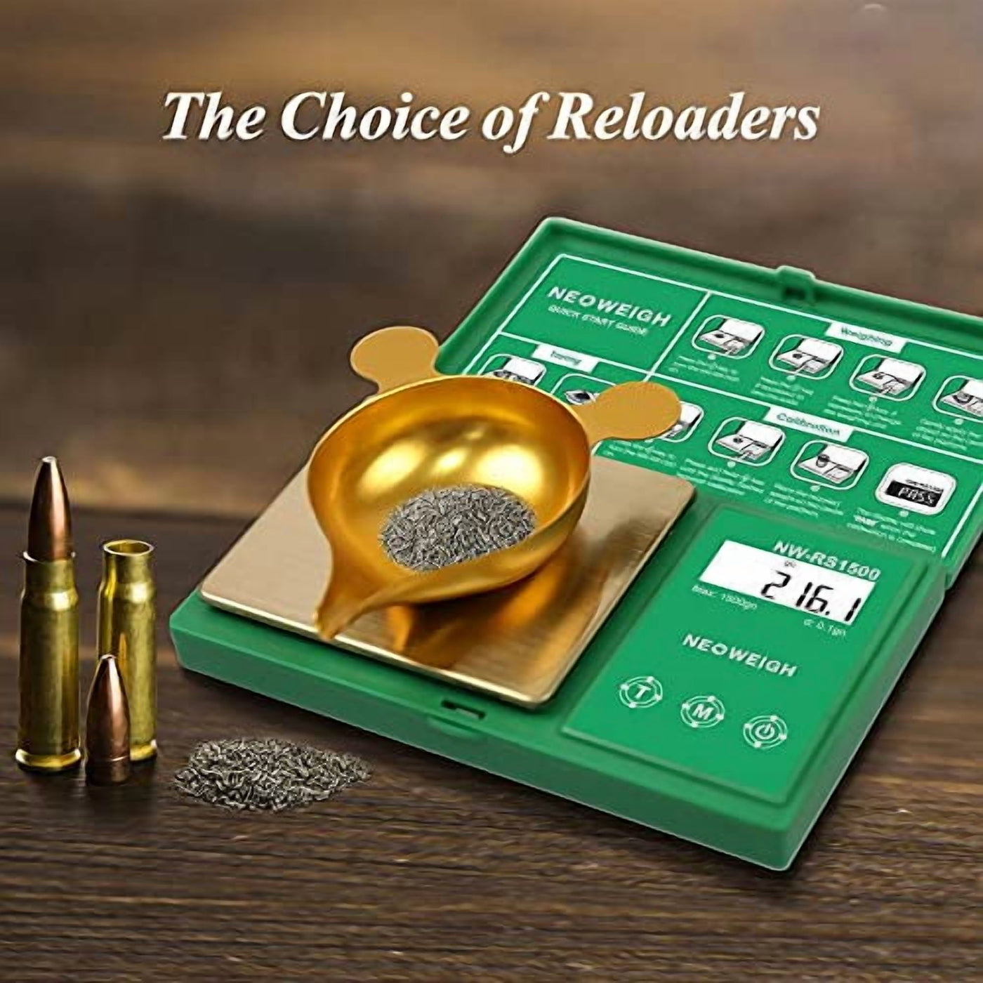 Digital Reloading Powder Scale, 1500 Grains/0.1gn and 100g/0.01g, Metal Pan, Scoop, 50g Cal Weight (batteries Included)