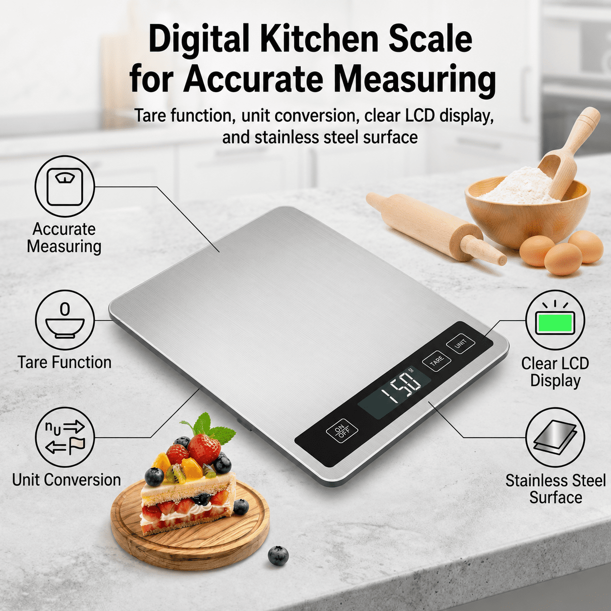 Digital Food Scale, 5kg/11lb Kitchen Scale for Grams and Ounces, 1g/0.05oz Accuracy, Stainless Steel Food Weight Scale with Tare Function, LCD Display