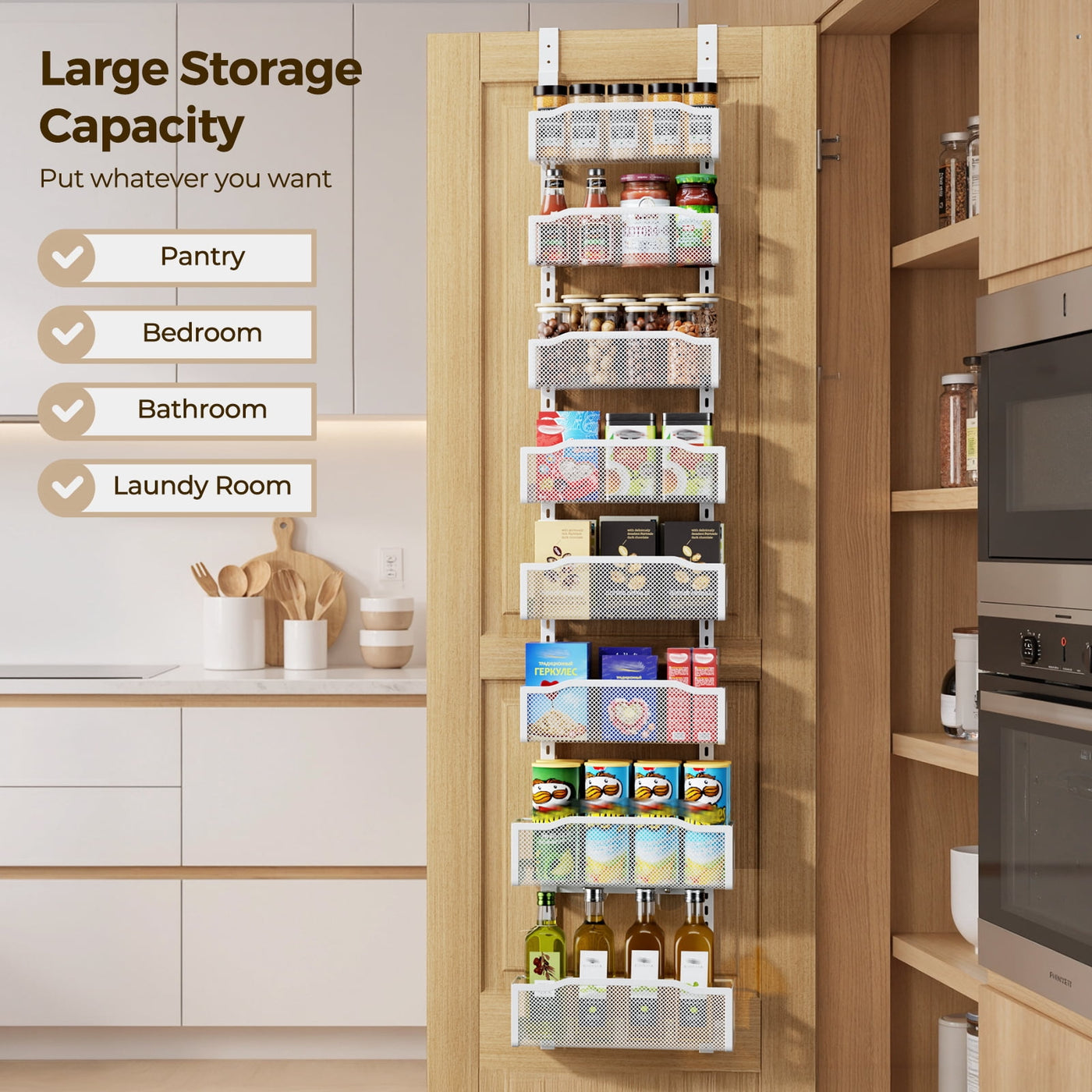 8-Tier Over The Door Pantry Organizer, Delamu Heavy-duty Metal with 8 Baskets, Hanging Storage and Organization for Kitchen, Spice Rack 12in Width
