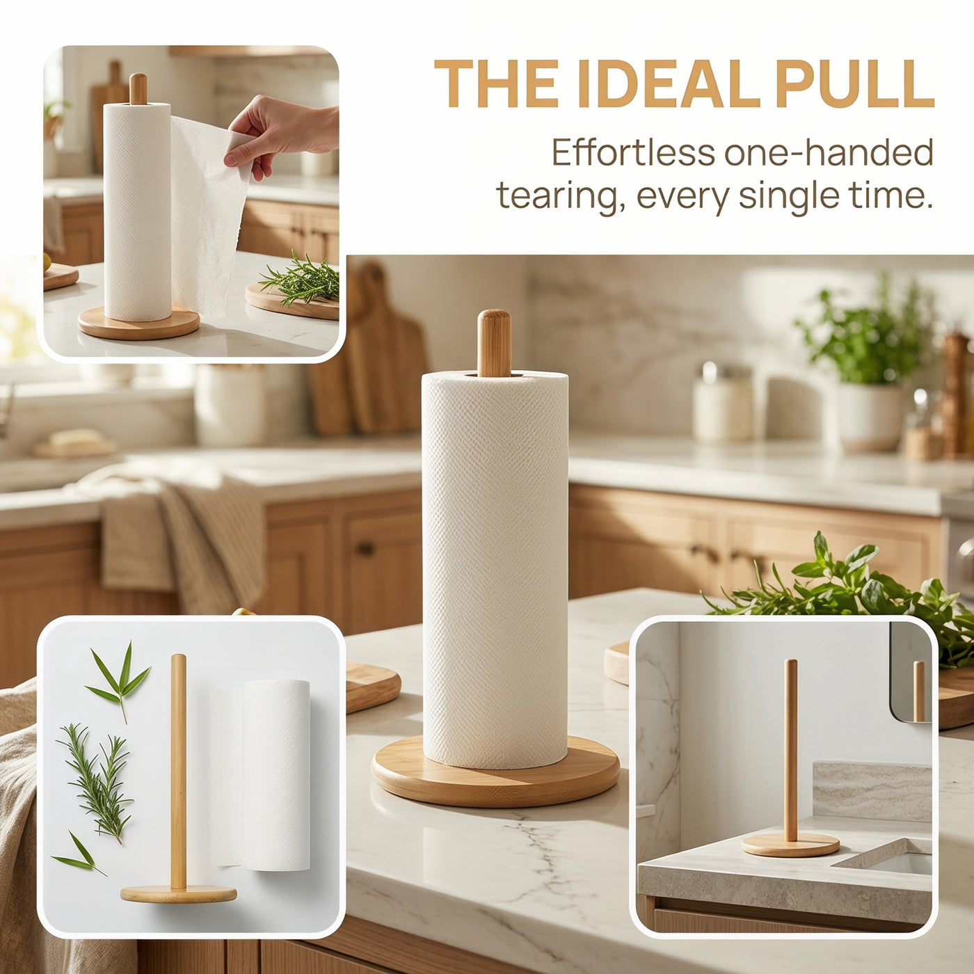 Paper Towel Holder Countertop Durable Base Wood Natural E 11x6.3inch, for Drying Dishes, Wiping Counters and Everyday Kitchen Cleaning