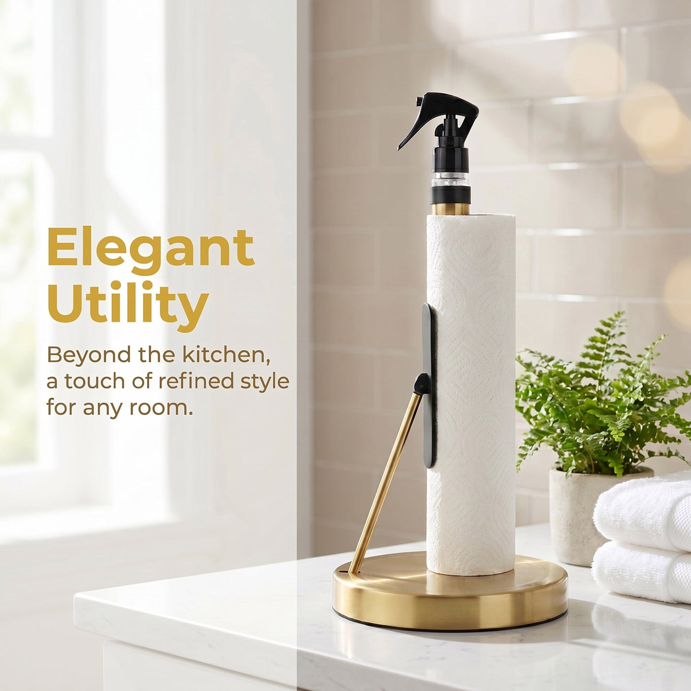 Countertop Base Stainless Steel Paper Towel Holder Gold 14.4x7.1inch, for Drying Dishes, Wiping Counters and Everyday Kitchen Cleaning