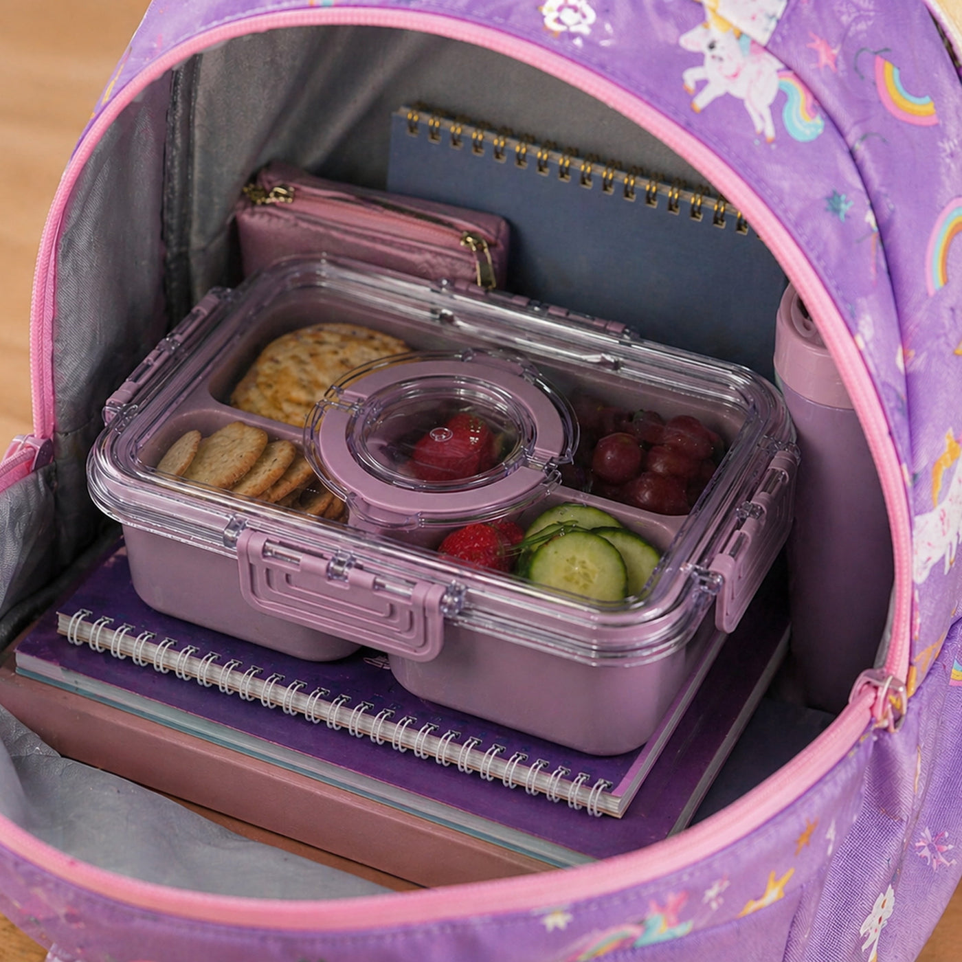 (2-pack) Cook with Color Purple Portable 4-Compartment Snack Food Storage Container, Portable and Dishwasher Safe with Ice Packs