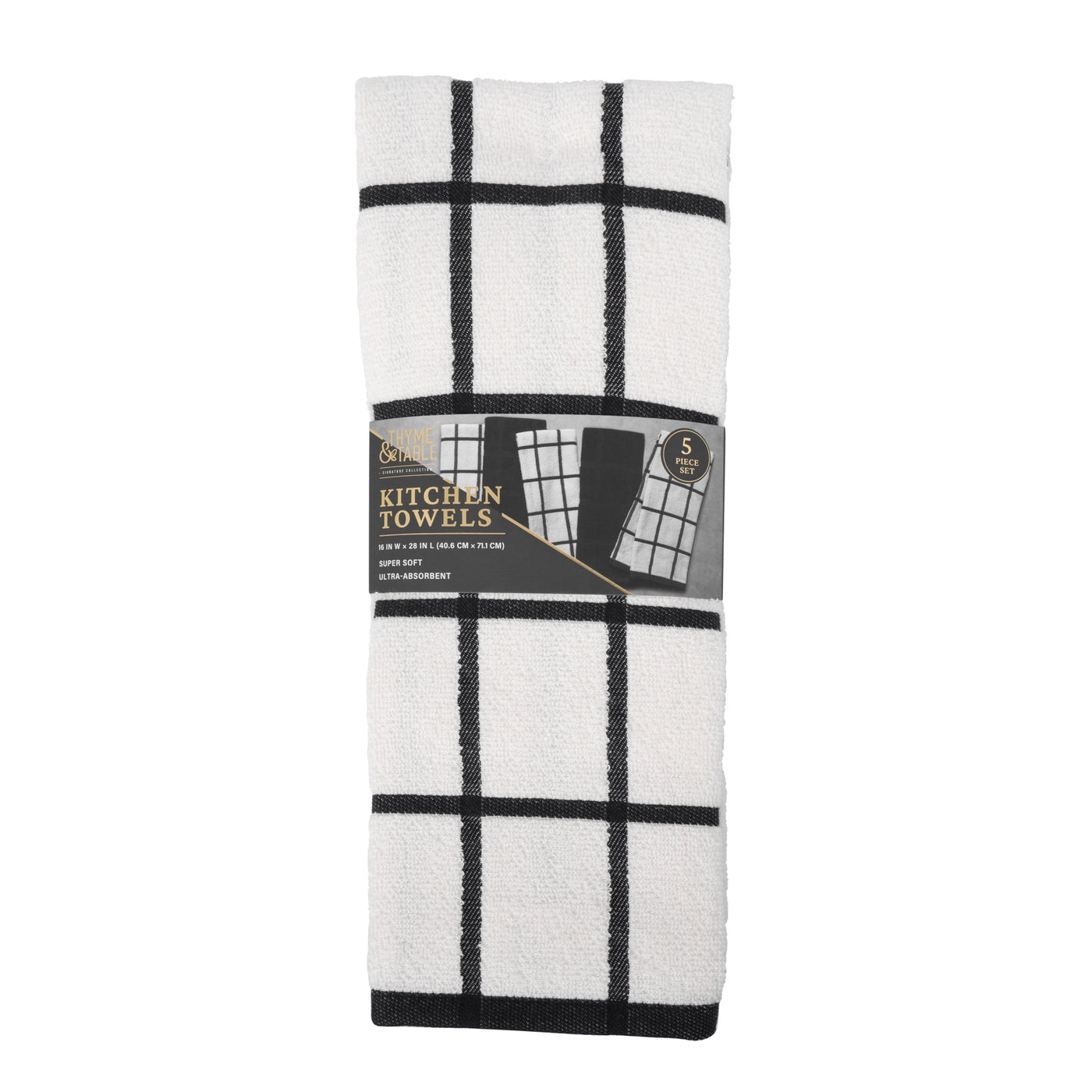 Kitchen Towels, Black and White Windowpane, 5-Pack Set, for Drying Dishes, Wiping Counters and Everyday Kitchen Cleaning