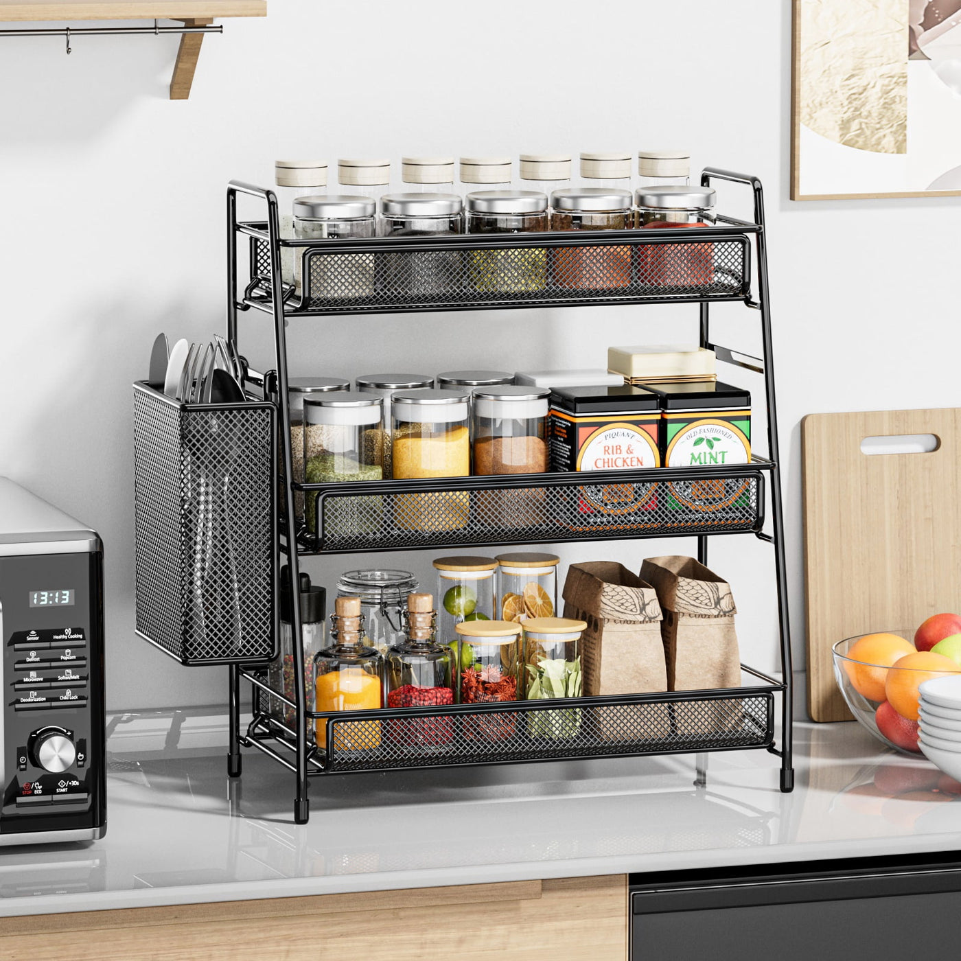 Spice Rack 3-Tier Countertop Organizer with Removable Side Basket, Sturdy Carbon Steel Mesh Storage Shelf for Bathroom and Kitchen, No-tool Assembly