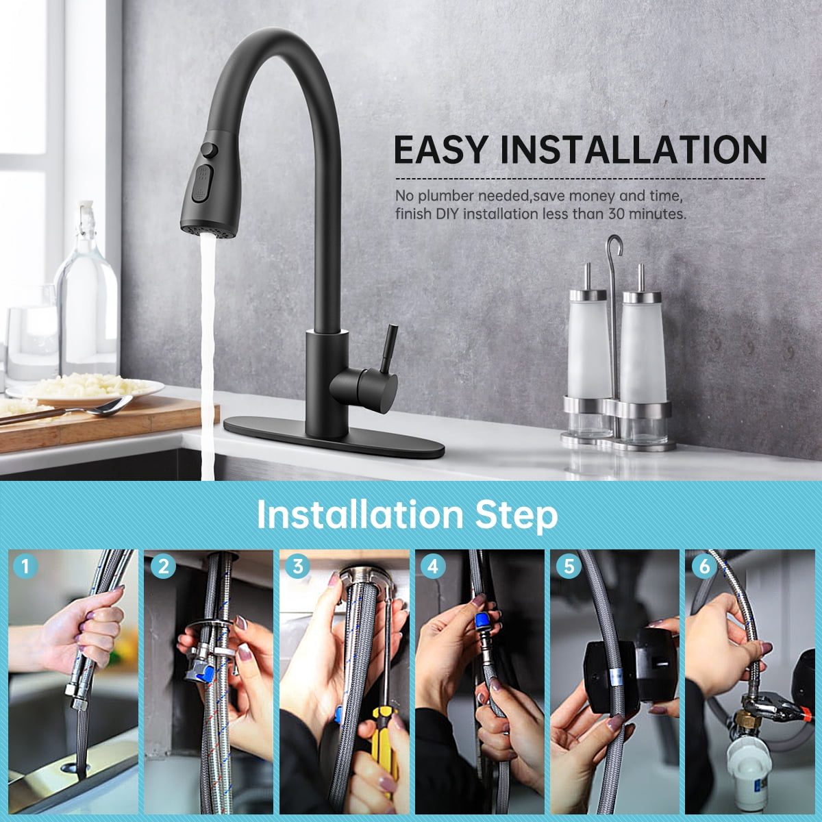 Kitchen Sink Faucets with Pull Down Sprayer, High Arc Single Handle with Water Lines, for Kitchen Sink, Home, Bar and Utility Use