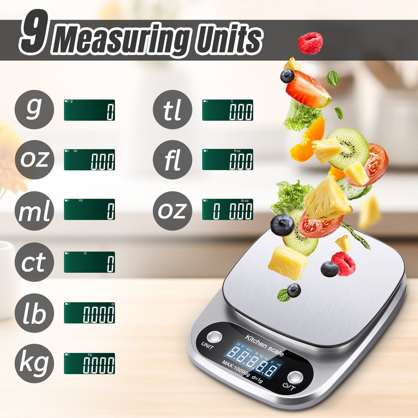 Food Scale, 22 Lb Digital Kitchen Scales, Weight Ounces and Grams for Cooking and Baking, 9 Units with Tare Function, LCD Display