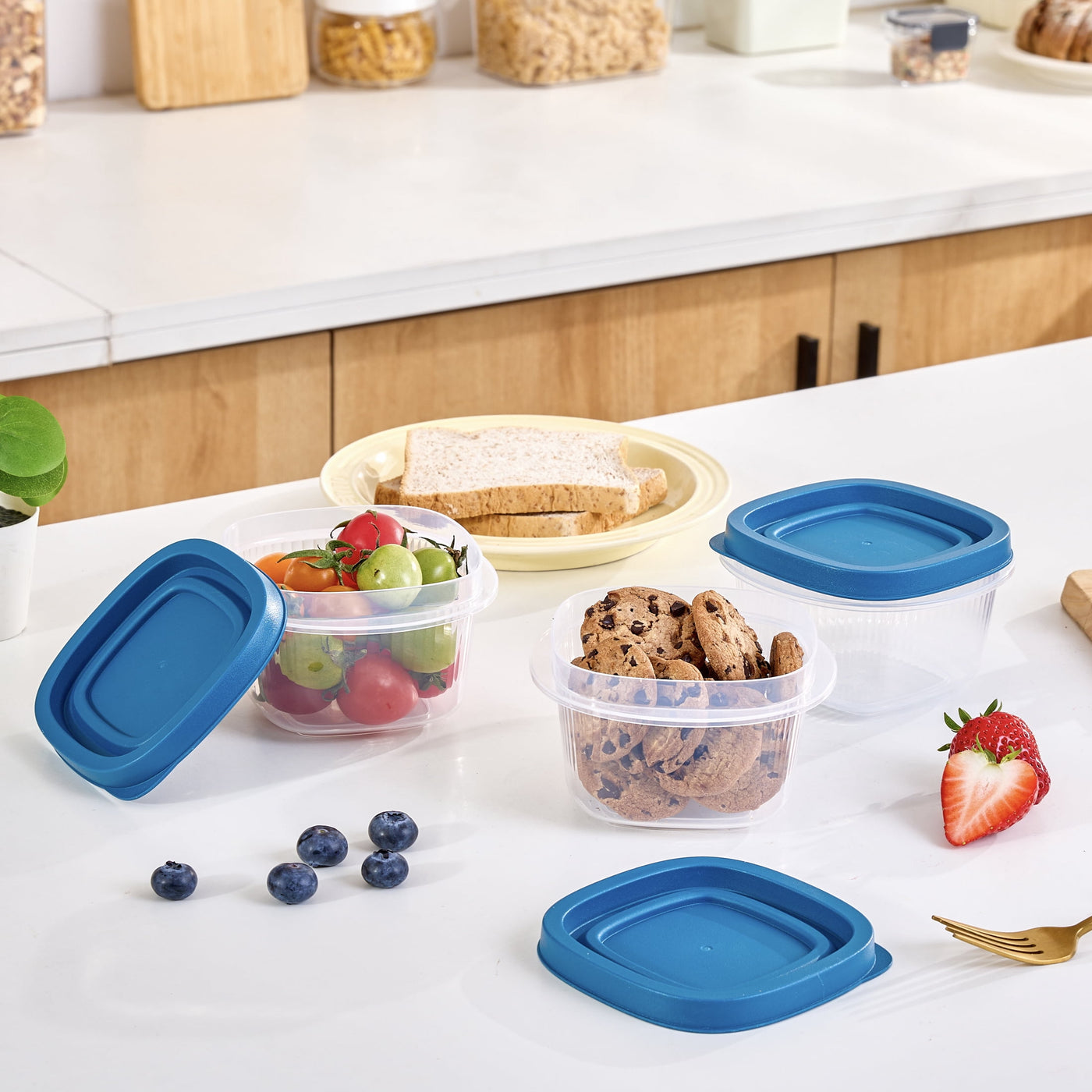 (2-pack) Reusable Food Storage Container, Small Square, Plastic, 3-Pack, 3 Containers with Lids, 2 Cups, Ideal for Snacks and Fresh Ingredients