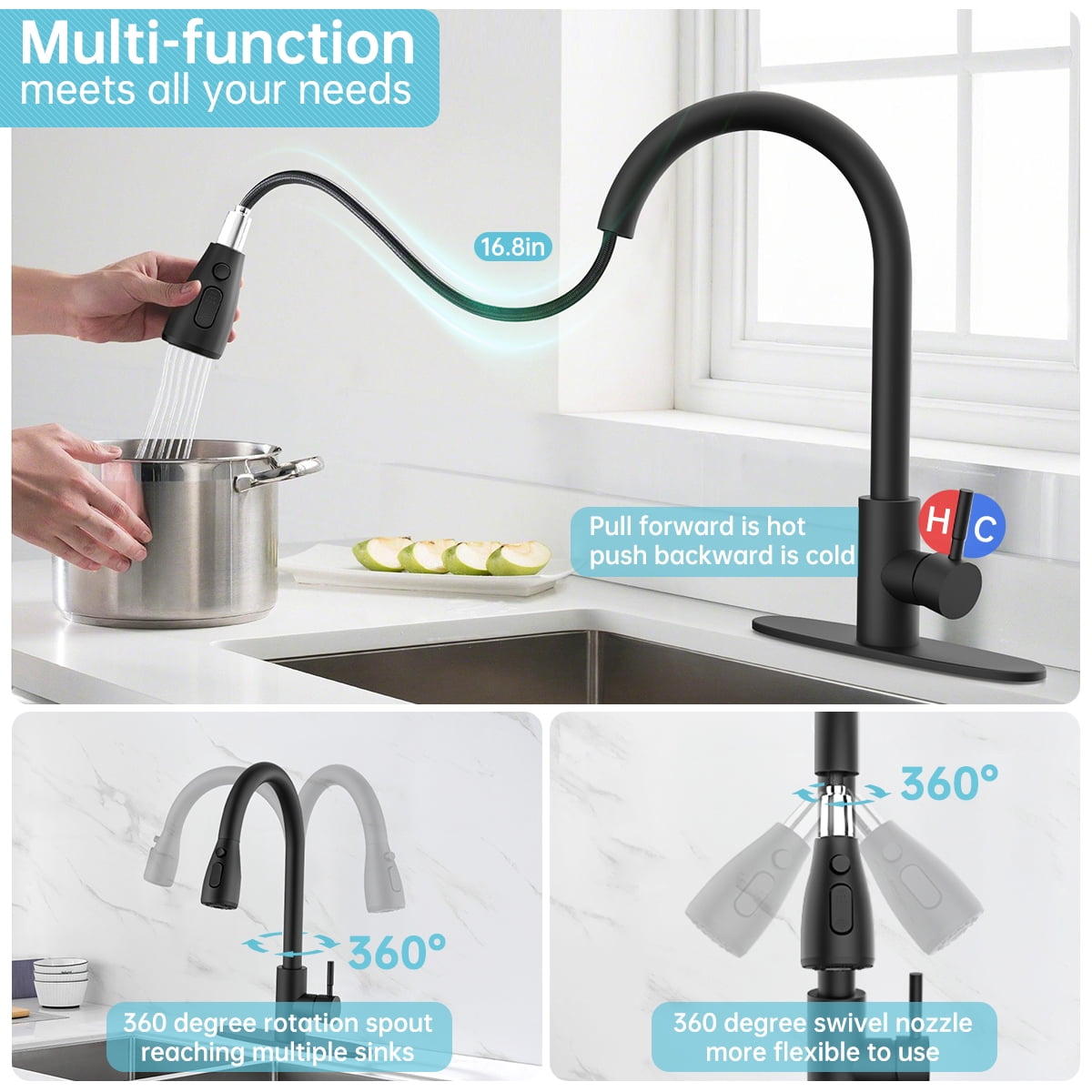 Kitchen Sink Faucets with Pull Down Sprayer, High Arc Single Handle with Water Lines, for Kitchen Sink, Home, Bar and Utility Use