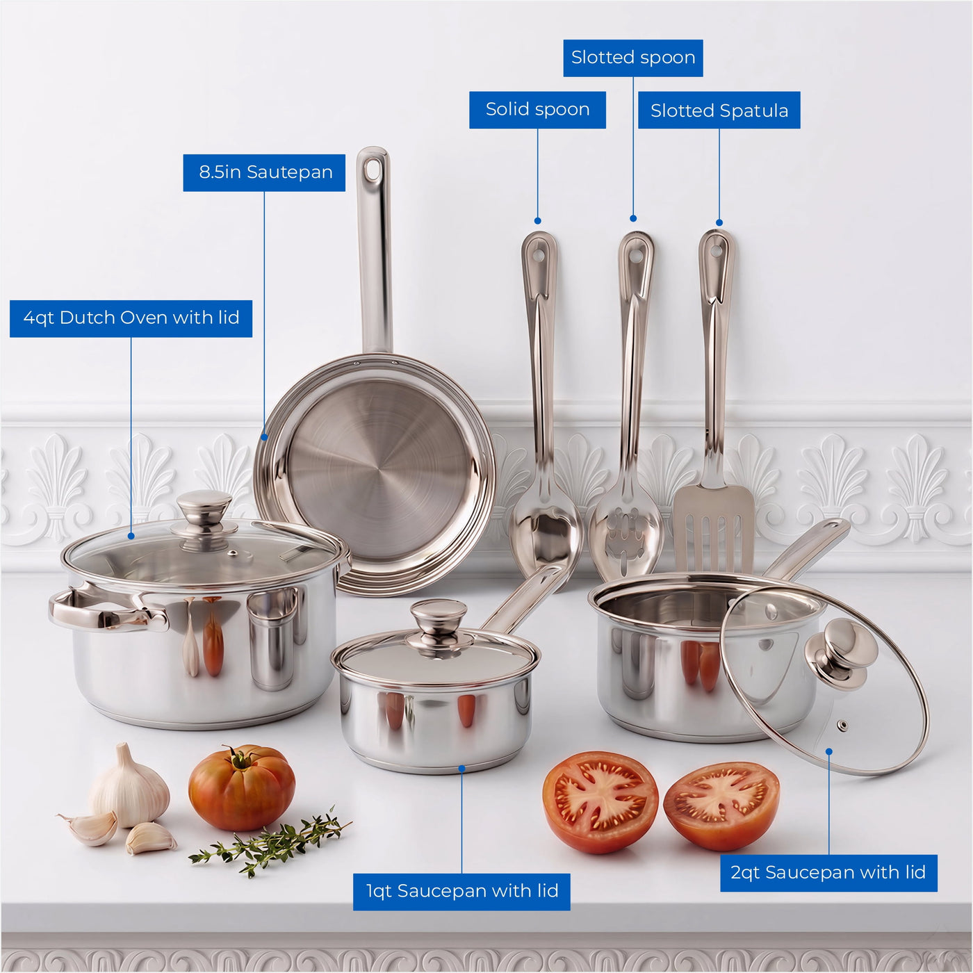 Stainless Steel 10-Piece Cookware Set with Lids and Kitchen Utensils, for Cooking, Mixing, Serving and Nonstick Cookware