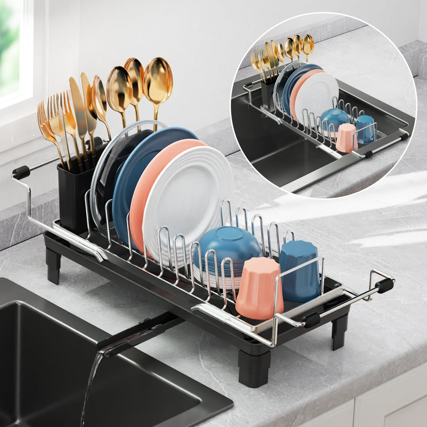 Small Dish Drying Rack for Counter or Over Sink, Stainless Steel Expandable Dish Drainer with Drain Board and 360° Swivel Drain Spout for Rv, Camper