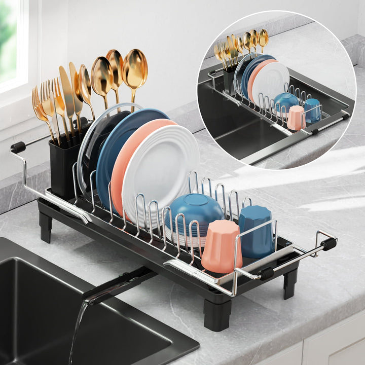 Small Dish Drying Rack for Counter or Over Sink, Stainless Steel Expandable Dish Drainer with Drain Board and 360° Swivel Drain Spout for Rv, Camper