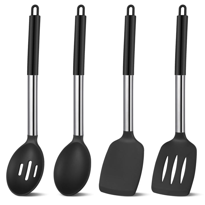 4-Pack Silicone Cooking Utensils Set, Heat Resistant Nonstick Kitchen Spatula and Spoon Set, Large Soup Ladle